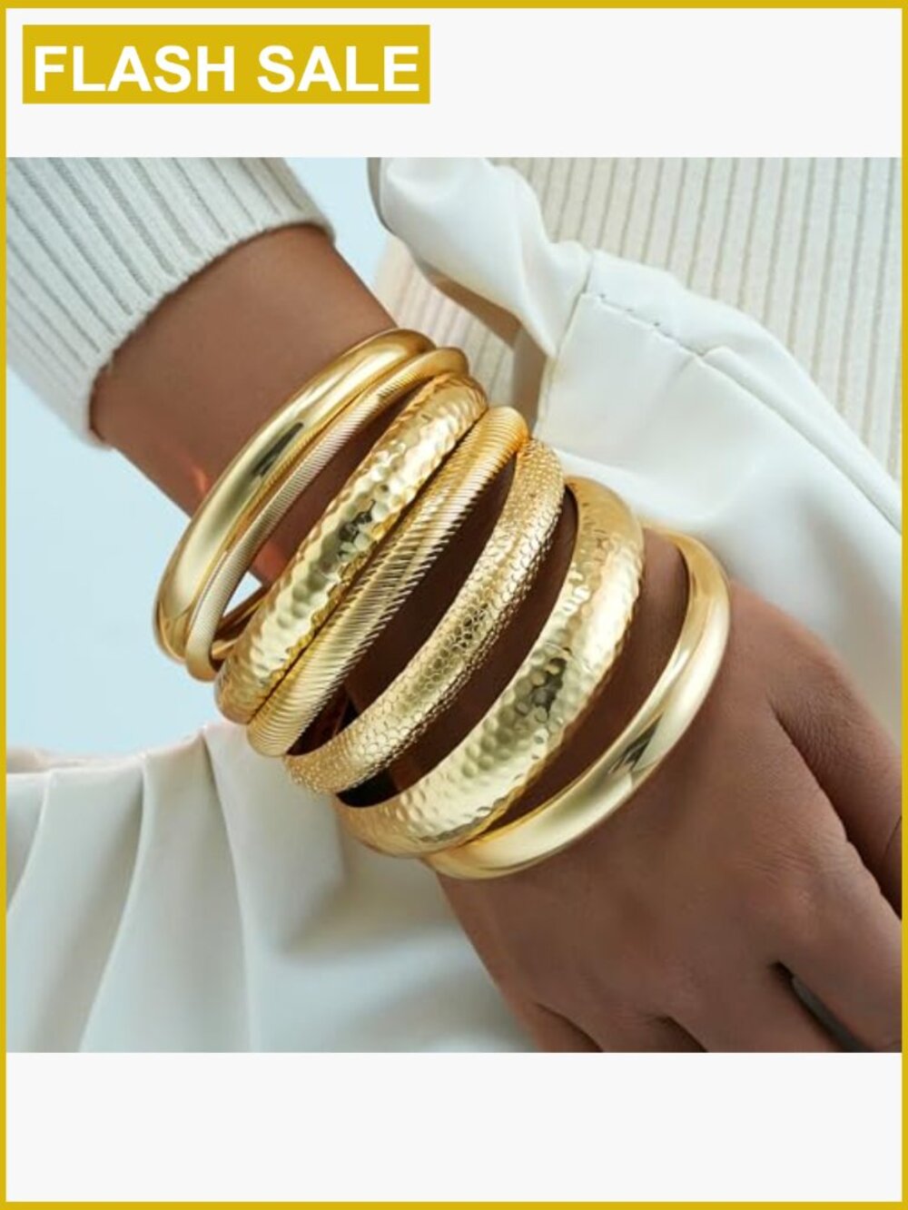 7-Piece Stackable Bangle Bracelet Set, 14K Gold Plated, Boho Style - Picture 2 of 7